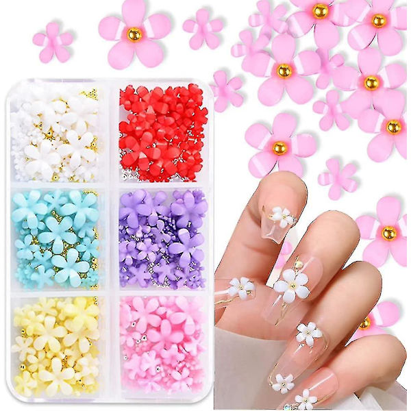 3D Blomster Negle Charms Til Akryl Negle, 6 Gitre 3D Negle Blomster Rhinestone Kirsebærblomst