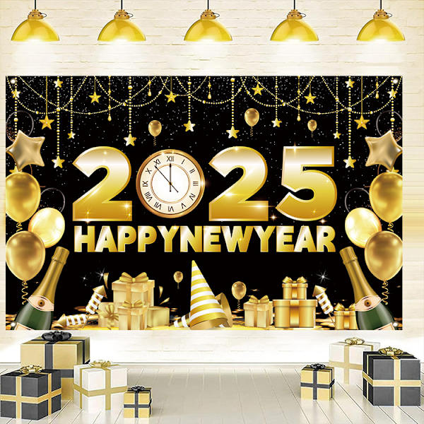 Glædelig Nytår 2025 Baggrund Nytårsaften Sort Guld Fotografi Baggrund Nytår Glædelig Jul Ferie Party Banner Familie