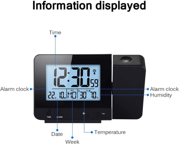 Projection Clock, Digital Alarm Clock, LED Display Projection Clock with Backlight and Snooze, 2 Alarm Sounds (Black)