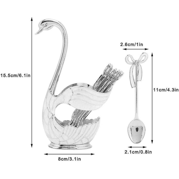 Kaffe dessertsked set, svan bestick bas hållare sked arrangör med 6 st skedar silver