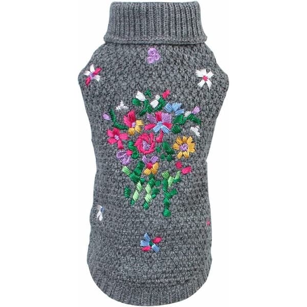 Hundtröja med blomsterbroderi (grå, L) - Fei Yu