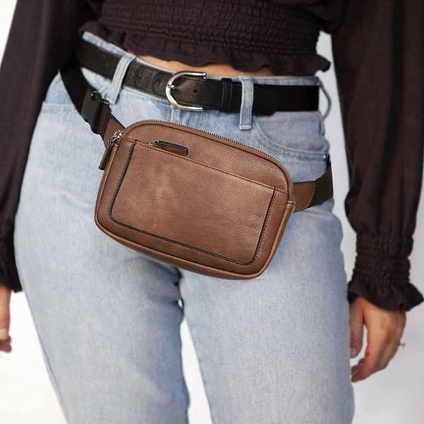 Dam PU Läder Bältesväska Crossbody Midjeväska Rese Axelväskor Brun