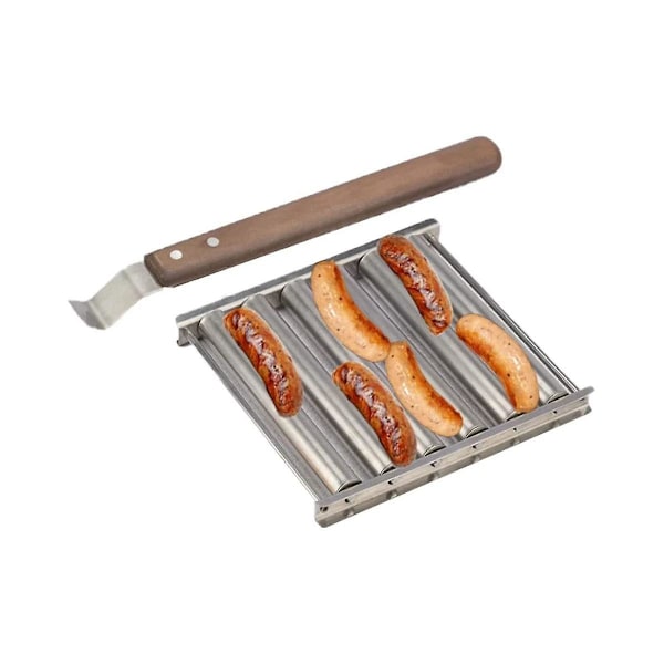 Pølsevalse i rustfritt stål, pølsevalseholder med langt trehåndtak, grillpølsegriller for Ev