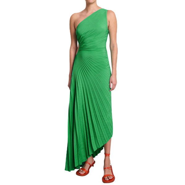 Ny enda axel sned hals veckad ihålig klänning aftonklänning satin grön XS