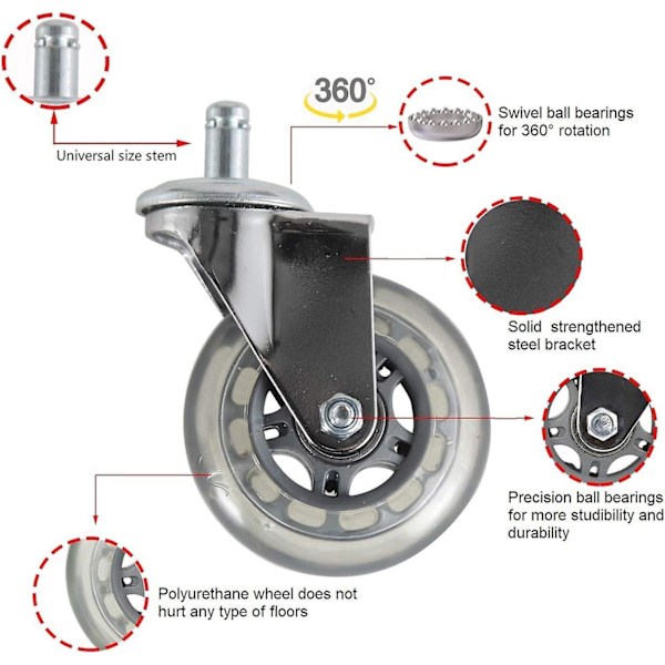 Hjul för tunga stolar, ersättning, premiumgummi, set om 5 för kontorsstolar