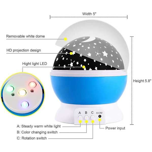 Baby nattlys Måne Stjerne Projektor 360 Graders Rotasjon - 4 LED-pærer 9 Lysfarge Endring Med