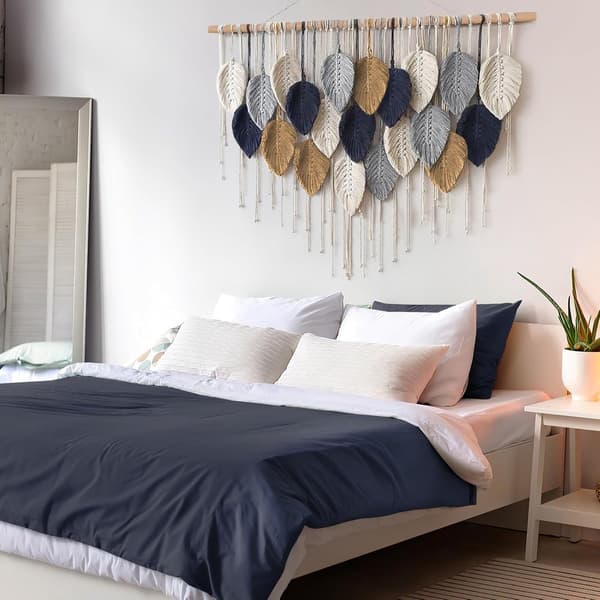 Handvävd väggbonad med lövmönster och tofsar, stor makramé boho-väggkonst för sovrum, vardagsrum och kontor, 100x80 cm