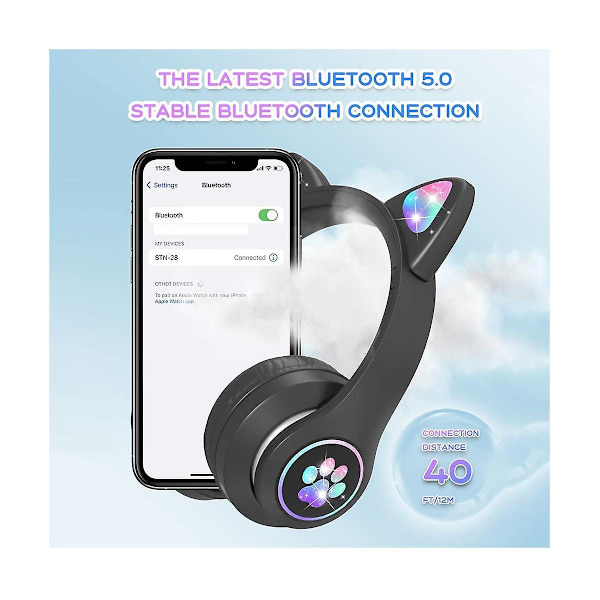Lasten kuulokkeet mikrofonilla/rgb-led-valolla, Bluetooth-kuulokkeet /koulu/älypuhelin - musta