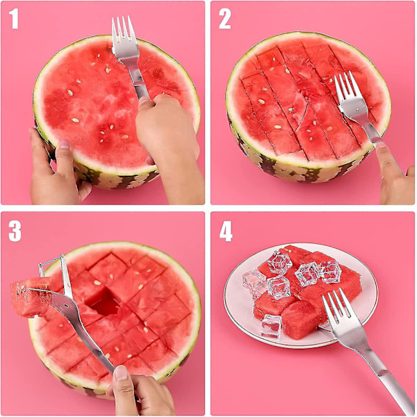 Vattenmelon Slicer Gaffel, 2-i-1 Vattenmelon Gaffel Slicer Sandia Cutter Rostfritt Stål Frukt Gaffel Cutter