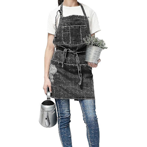 Denimforkle, Unisex justerbar forkle med lommer for matlaging kjøkken svart