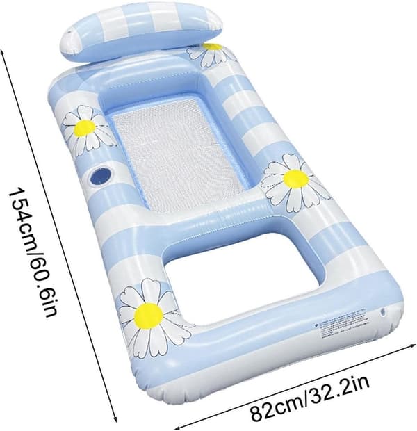 Oppustelig pool-flydestol med nakkestøtte, netoverflade, foldbar vand-lounger til pool, sø, hav og camping, blå, 154x82 cm