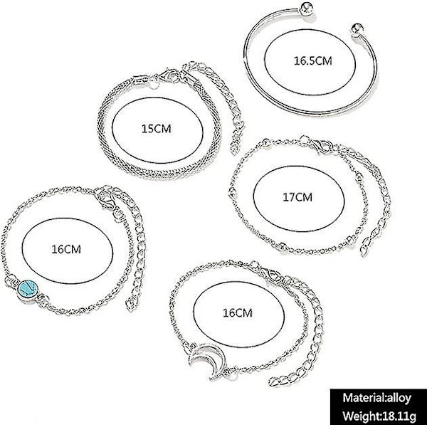 Set med 5 silverfärgade handmånarmband med turkos och pärlor, handkedjeband för kvinnor och flickor