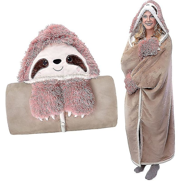 Sloth filt Sloth kappa Kvinnor Bärbar filt Soffa filt Sloth gosig filt Fluffy,rosa-147*119cm