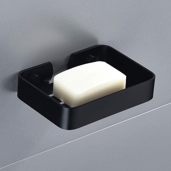 Sæbeskålholder, rustfrit stål med dræn, vægmonteret til bruser, badeværelse og køkken, ingen boring, sort, 13,5 × 9,7 cm