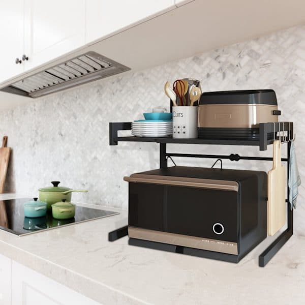 Microwave Oven Rack, Microwave Shelf, Microwave Holder, Organizer with 4 Hooks for Kitchen