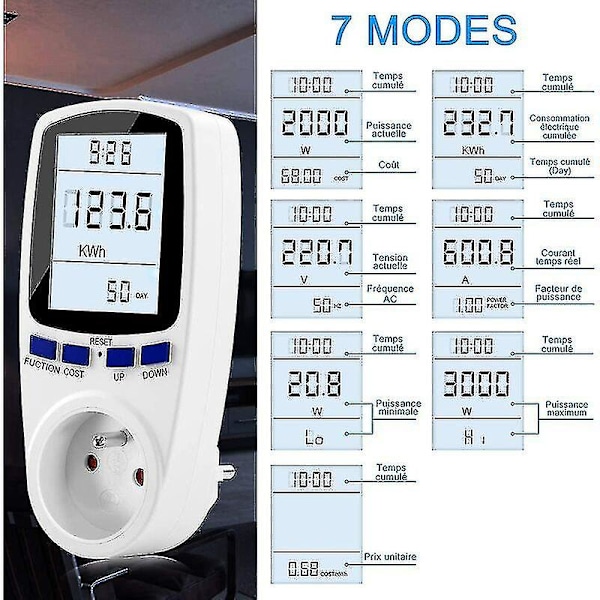 Wattmeter-stikkontakt, AC 185v~264v Energimåler Strømmåler Med LCD-display