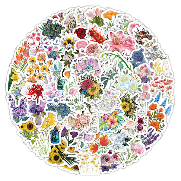 100 stk blomsterklistremerker - Vanntette vinylklistremerker for vannflasker, bærbare datamaskiner, utklippsbøker og journaling