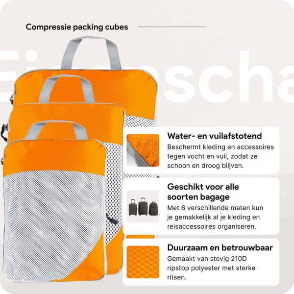 Set med 6 kompressionspackväskor, 60 % platsbesparande reseorganisatör med skopåse, lätt 210D ripstop-polyester, orange