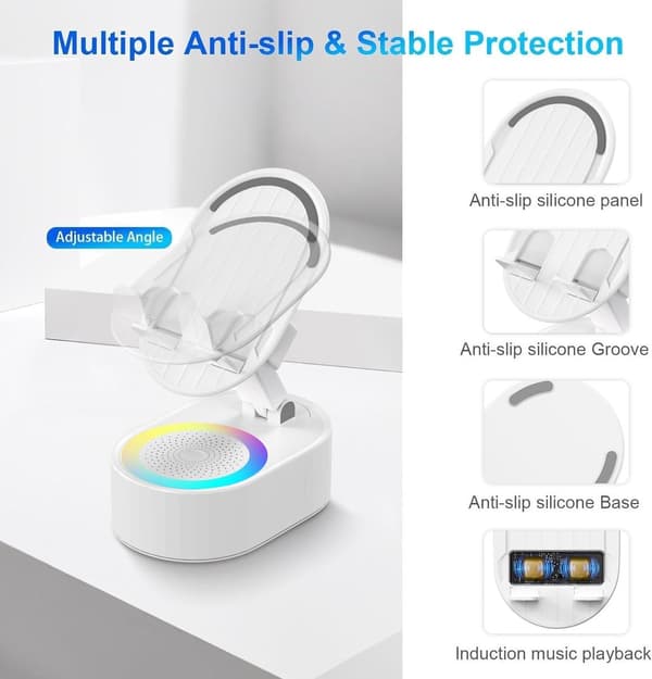 5-i-1 telefonholder med Bluetooth-højttaler, trådløs sensorhøjttaler, RGB-lys, 3000mAh batteri, sammenklappelig til telefon og tablet