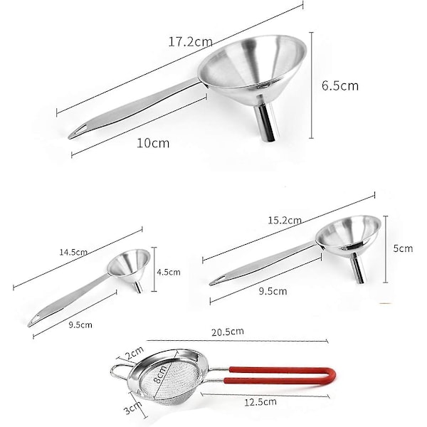 Rustfritt ståltrakt med sil 4 stk rustfritt ståltraktsett kjøkkensil
