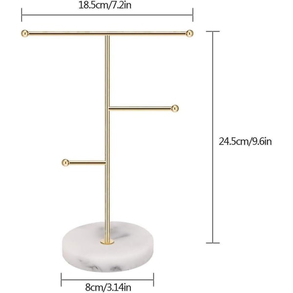 Smykkearrangør, metall T-bar halskjedeutstillingsstativ ørepyntstativ for hjemmet, hengende anhengstativ med rund marmorbrikke (gull)