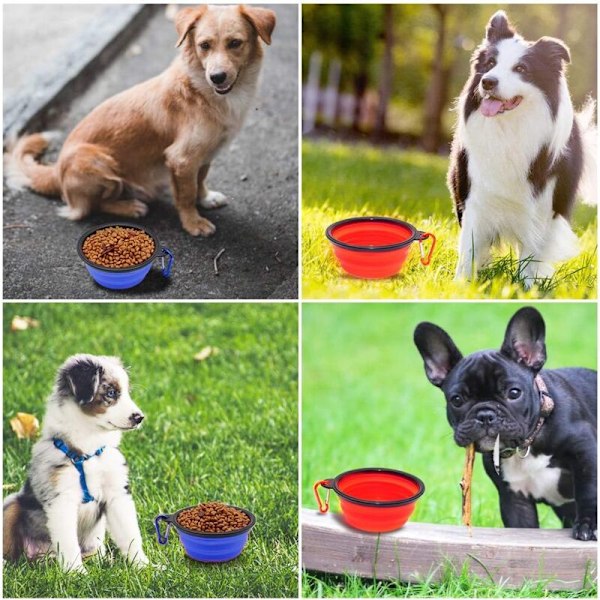 2 stycken hopfällbara hundskålar, reseskålar för hundar och katter (350 ml, blå och röd)