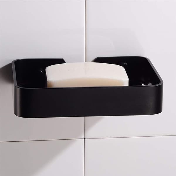 Sæbeskålholder, rustfrit stål med dræn, vægmonteret til bruser, badeværelse og køkken, ingen boring, sort, 13,5 × 9,7 cm