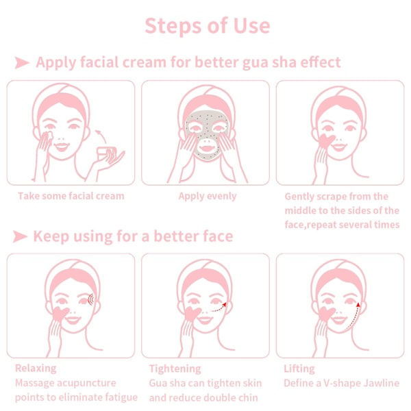 Gua Sha ansiktsverktøy, rose kvarts Gua Sha verktøy for ansikt og øye Gua Sha stein for å redusere hevelse og kjevelinjeskulptur ansiktsstein