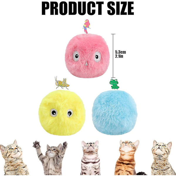 3-pack kattleksaksbollar, interaktiva plyschkattleksaksbollar, kattunge kvittrande bollar, roliga kattmyntaleksaker