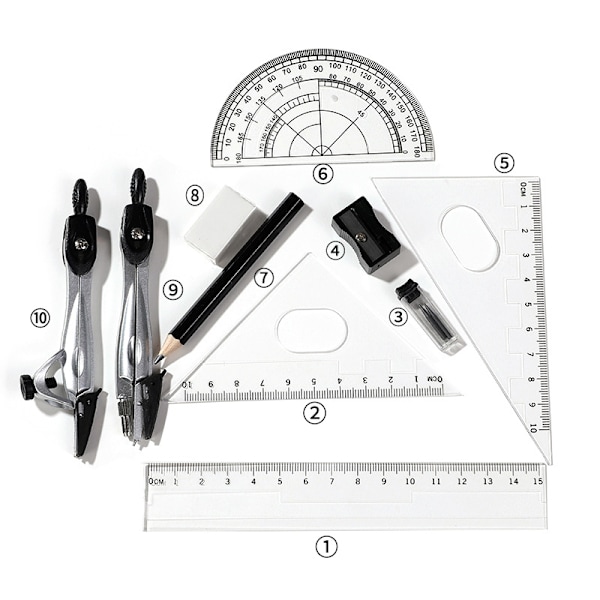 Kompassisetti Muovi metalli Geometria Kulmamittari Piirustuskoulu Kumi Kompassisetti Matematiikan kumi Viivotin opiskelijoille （10 kpl setti）