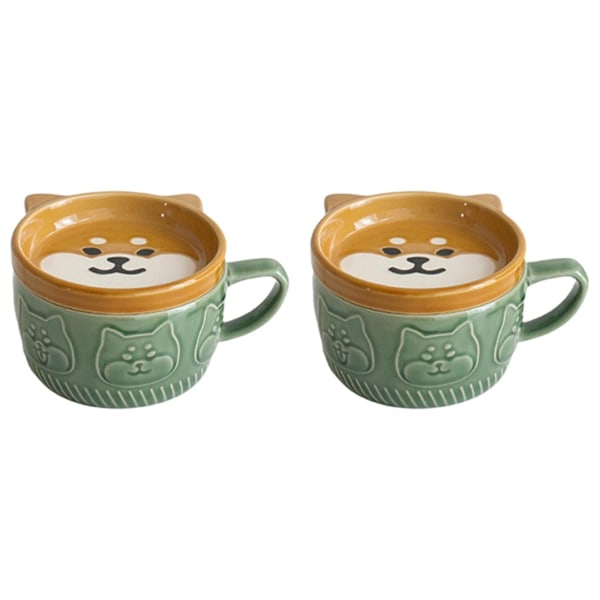 2x Japansk søt krus Keramisk Shiba Inu Panda Kaffe Kopp Med Lokk Hjem Par Melk Frokost Kopp(grønn)