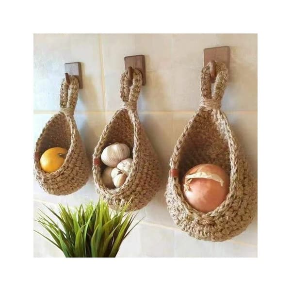 Height 23 cm, width 22 cm Wall-mounted fruit and vegetable baskets, hand-woven teardrop-shaped jute fruit or vegetable basket