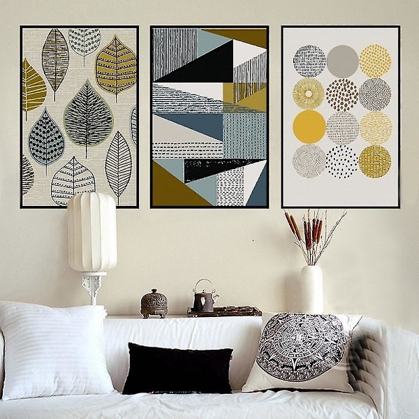 Blad och geometri väggkonst canvas tryck affisch, enkel abstrakt konst ritning dekor för hem vardagsrum sovrum kontor och barnrum (set om 3