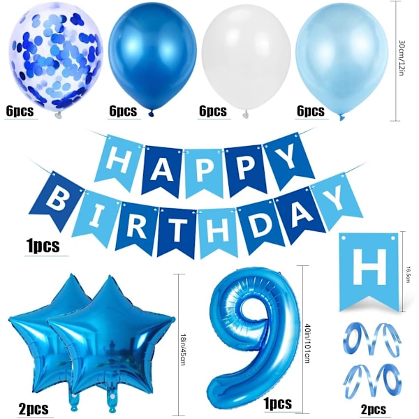 9-årsdag ballong for gutt, blå 9-årsdag dekorasjon