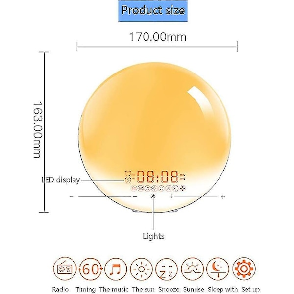 Väckarklocka med simulering av soluppgång och solnedgång, sänglampa, 20 ljusstyrkenivåer/fm-radio/snooze-funktion/7 färger omgivande ljus för