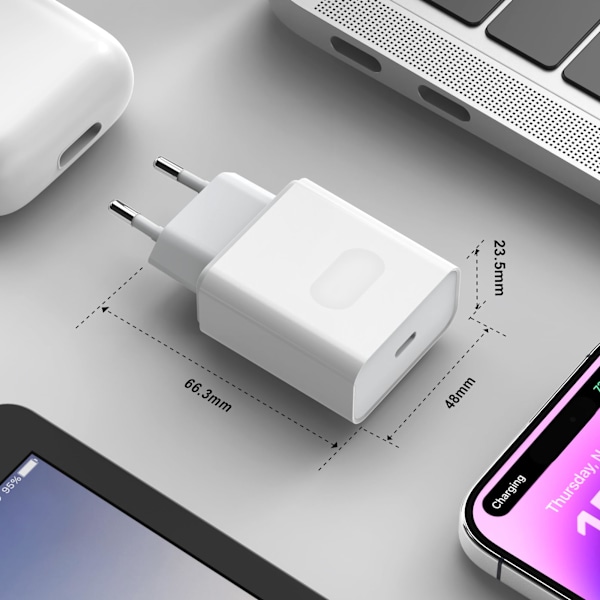 Veggadapter for, hurtiglader for iPhone 15/14/14Pro/14 Pro Max/14 Plus 13 12 11 XS MAX XR X, 20W USB C-kontakt med 2M kabel