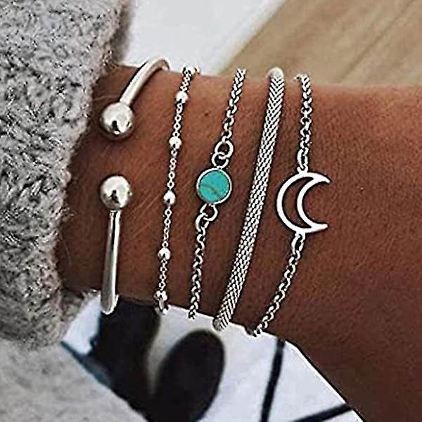 Set med 5 silverfärgade handmånarmband med turkos och pärlor, handkedjeband för kvinnor och flickor
