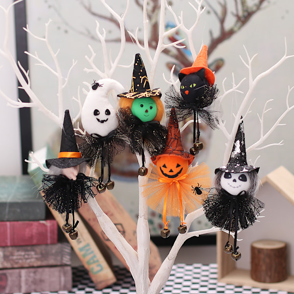 Halloween Henge-Dukke Gresskar Hengedekorasjon Innendørs Utendørs Heks Skjelett Rekvisitt Skummel Dekor for Foran 6 Stykker