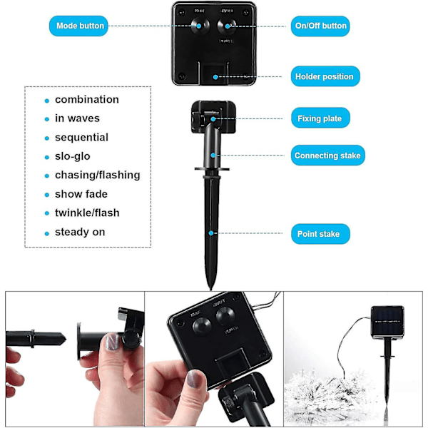 Snøfnugg 50 LED 23 fot 8 moduser Vanntett solcelledrivne lysslynger til utendørs høytids- og juletrepynt (hvit)