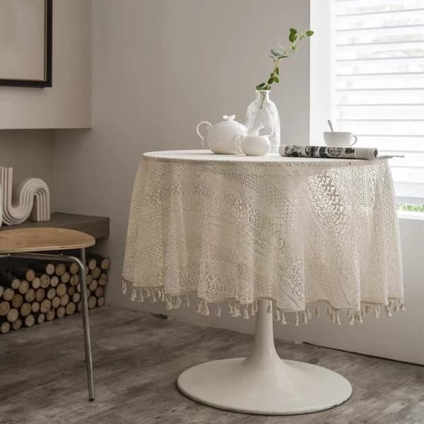 Rund virkad spetsduk 60% bomull i boho-stil med tofsar 150 cm beige bordsduk för matsal bröllopsfest heminredning