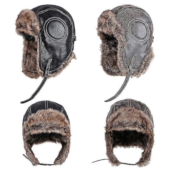 Pilot Aviator Faux Læder Pels Ushanka Vinter Russisk Ski Militær Flyverhue