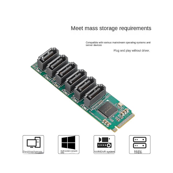 M.2(pcie 3.0) til 6 porter utvidelseskort Sata Iii 6g Ssd-adapter med 3 Sataiii-kabel Pcie Gen3x2 ikke-r