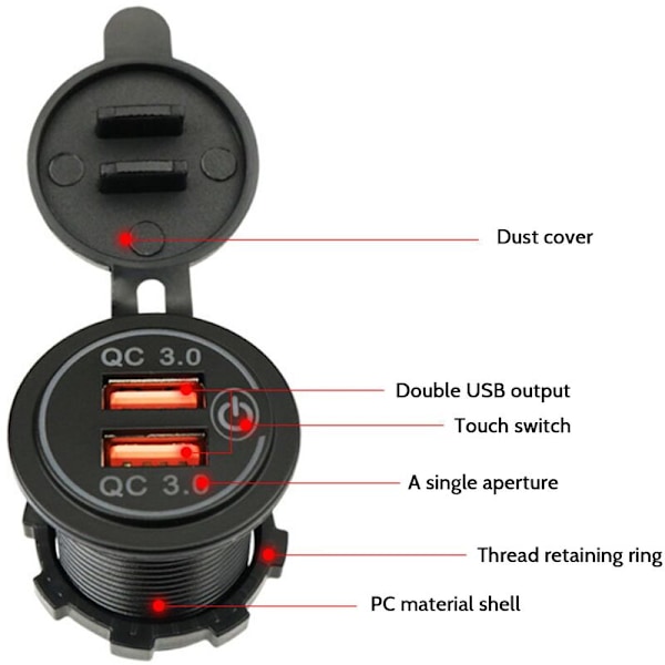 Quick Charge 3.0 Dobbelt USB Biloplader Stik Vandtæt 12V/24V QC3.0 Oplader Stik Strømudtag med Touch Switch C