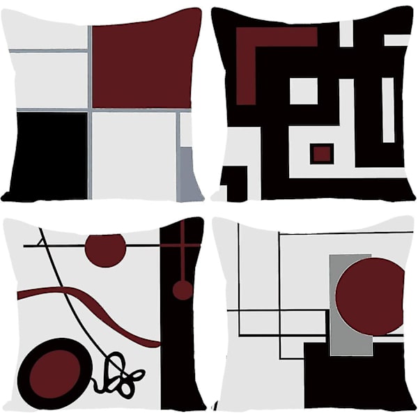Musta viini punainen geometrinen koristetyynynpäälliset 4 kpl 18 x 18 moderni geometrinen harmaa musta ja punainen ruudukko raita sisustus epäsäännöllinen piilotetulla
