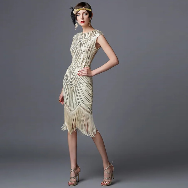 Klänningar med flänsar för kvinnor 1920-talet Pärlfransade Great Gatsby-klänning beige XXL