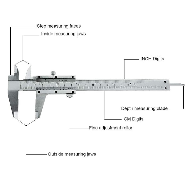 Vernier Caliper Rustfrit Stålmåleværktøj - 0-6 Tommer/150mm