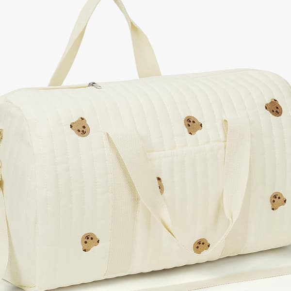 Vadderad weekendväska med nallebjörnsbroderi, rymlig bomullsväska för kvinnor, beige 48 cm