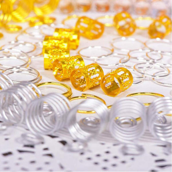 110PCS Smutsiga fläta spänne hårförlängning ring hårtillbehör metallfjäder skruvmönster ring set (guld och silver)