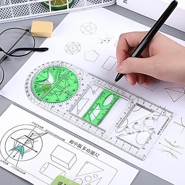 Multifunctional Geometric Ruler Geometric Drawing Template Measuring Tool for School Supplies Transparent Red Transparent Red