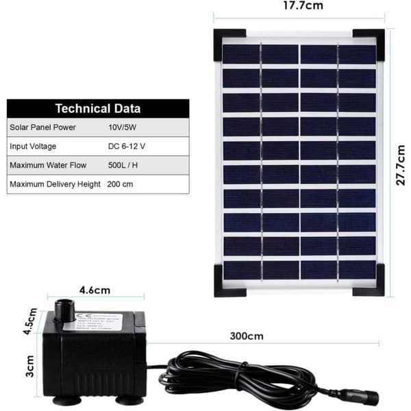 5W Utomhus Solfontän, Sol Dammpump, Sol Vattenpump för Pool, 3 Munstycken, 380L/H, Max Flöde: 60cm